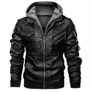 Nuevo Fi Male Street Wear Chaquetas de cuero de motocicleta Sombrero Desmontable Hombres Chaquetas de cuero con capucha Slim Casual Abrigos de cuero 5XL r5ej #