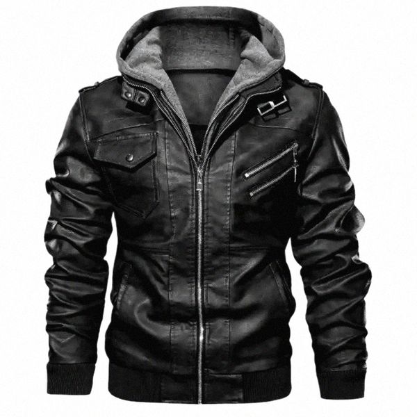 Nouveau Fi Male Street Wear Moto Vestes en cuir Chapeau détachable Hommes Vestes en cuir à capuche Slim Casual Manteaux en cuir 5XL s9x4 #