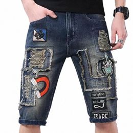 Fi Mens Ripped Short Jeans Marque Vêtements Badge brodé 80% Cott Shorts Respirant Denim Shorts Taille Homme 28-36 M9Qi #