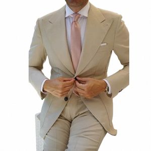 Nouveau Fi Peak Revers Simple Boutonnage Mâle Costume Beige 2 Pièces Ensemble Formel Smart Casual Mariage Marié Smoking Blazer avec Pantalon F8DP #