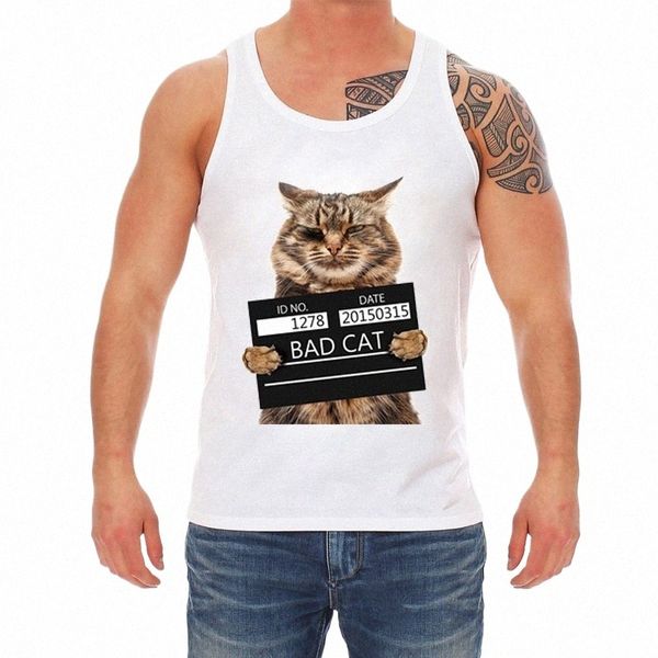 Nuevo fi super lindo Cool Punk Cat camiseta sin mangas Bad cat en la policía pris diseño divertido Ropa de hombre j98k #