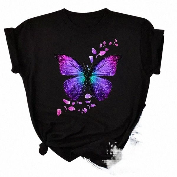 Nouveau Fi Femmes T-shirt Coloré Papillon Pétale Imprimer Manches Courtes Et Col Rond Mignon Graphique T-shirts Femmes Tops Clothin s5SG #