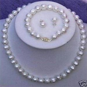 Nouveau ensemble de bijoux en perles véritables fines 9-10mm collier de perles blanches véritables Bracelet 18 pouces 7 5 pouces ensemble de boucles d'oreilles196V