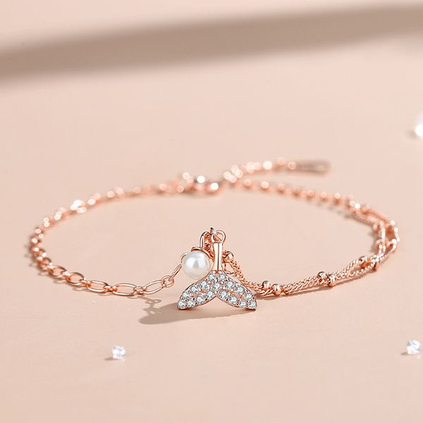 Nouveau bracelet de la chaîne de queue de poisson Sterling Designer Femmes Gold Rose S Exquis Perle Zircon Bracelets Bijoux Cadeaux pour femme