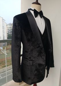 Nieuw flanel met patroon bruidegom Tuxedos Shawl Rapel Men Business Suits Wedding Prom Diner 3 -delige dikke blazer (jas+broek+vest+bowtie) W518