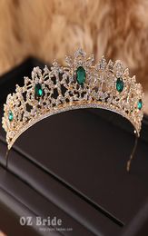 Nuevo defecto Diamante de imitación verde Corona dorada Tiara nupcial Corona femenina Accesorios para el cabello de boda Y190513021661343