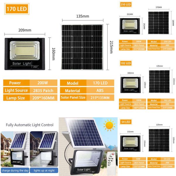 Nuevas luces de inundación reflector impermeable al aire libre 54led 102led 170led 250led Solar Potened con control remoto