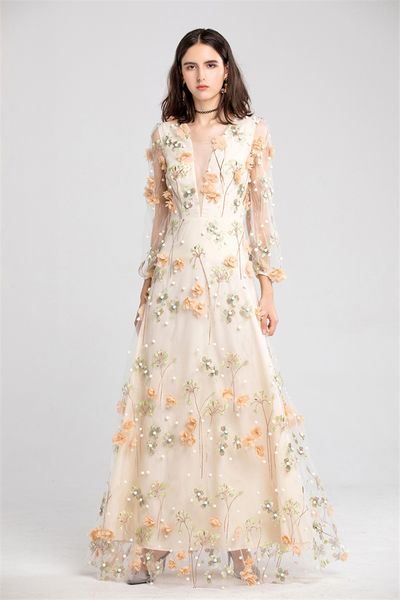 Nouveau Floral Imprimé Robes De Bal À Manches Longues Une Ligne Sheer V Cou Mode Longue Robe De Soirée Étage Longueur Zipper Retour Partie Porter Des Robes Formelles