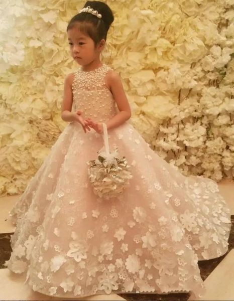 New Flower Girls Robes Jewel Neck 3D Fleurs Bow Perles perles Princesse Kids Longueur du sol Robe invitée Robe Girl Girl Robes de bal