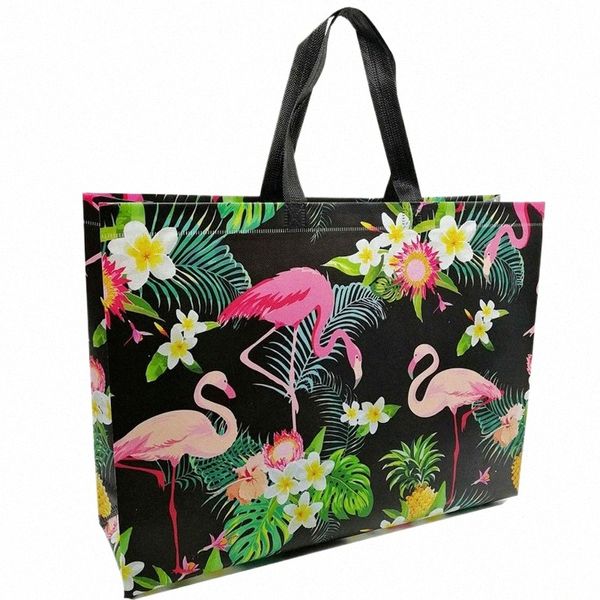Nouveau pliable N-tissé tissu épicerie sac réutilisable pliable fourre-tout pochette voyage Fr Flamingo rose sac à main de stockage o5SJ #
