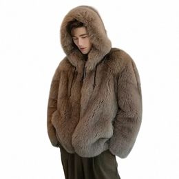 Nouvelle fourrure de renard en cuir entier Imitati une pièce à capuche vêtements chauds jeunesse hiver veste victorienne hommes coréen fi trench-coat P0bH #