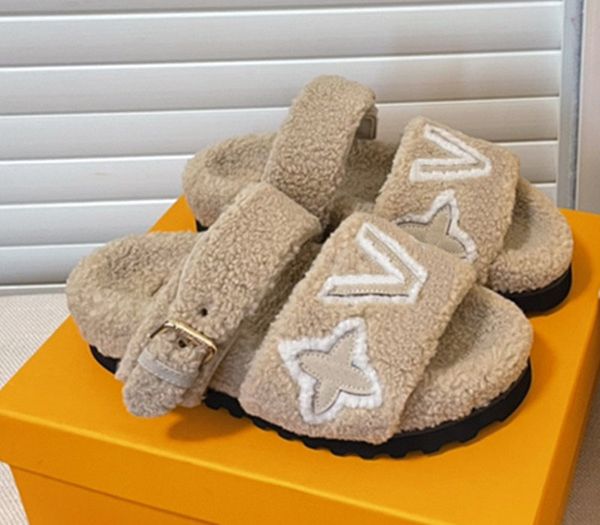 Nuevo diseñador de moda francés Sandalias de lana Suela gruesa para mujer Zapatos de marca cálidos y antideslizantes Otoño e invierno Zapatillas gráficas 1V para mujer Zapatos de diseñador casuales al aire libre V