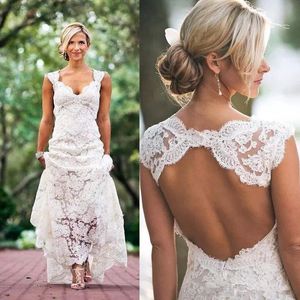 Nieuwe Full Lace Trouwjurken Landstijl Pluging V-hals Cap Cap Sleeves Sleutelgat Terug Een lijn Vintage Custom Made Bridal Jurken Vestios