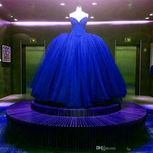 NIEUW VOLLEDIGE KRISTAL GROBLED BUDICE Corset Royal Blue Wedding Jurken Ball Gojts Aangepast gemaakt Glanzende bruidsjurk Vestido Longo de Renda 235H