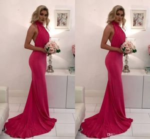 Nuevo Fuschia Vestidos de fiesta atractivos Sirena Joya Cuello Sin espalda Sin mangas Tren de barrido Elegante Vestido de noche formal bata de velada personalizada