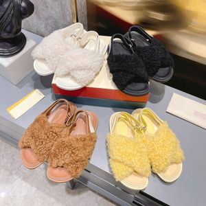 Nieuwe Fussbett Patch Slingback Sandals Round Open Toen Leather Rubber Sole Slip op Flats Wome's Luxury Designers Casual Lamb Fur Shoes Factory Footwear Grootte 35-40 met doos