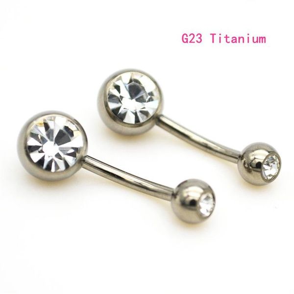 Nuevo G23 titanio barra del vientre anillos del ombligo curvado 14G cristal doble piedra clara gema moda cuerpo Piercing joyería 265f