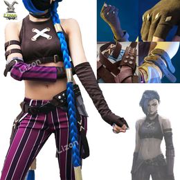 Nouveau jeu LOL Arcane Costume avec autocollants de tatouage tenues en daim Halloween carnaval Costume Jinx Cosplay 100CM perruque bleue cosplay