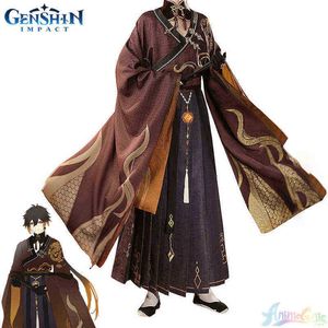 Nieuwe Genshin Impact Zhongli Cosplay Kostuum Oudheid Anime Morax Game Cos Kleding Pak Mannen Carnaval Party Rollenspel Pruik Volledige set J220720