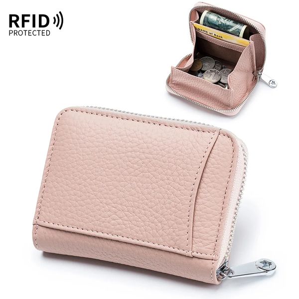 Nuevo monedero de cuero genuino para hombre, pequeño bolsillo para cambio, tarjetero con bloqueo RFID, minibilletera elegante para mujer, monedero