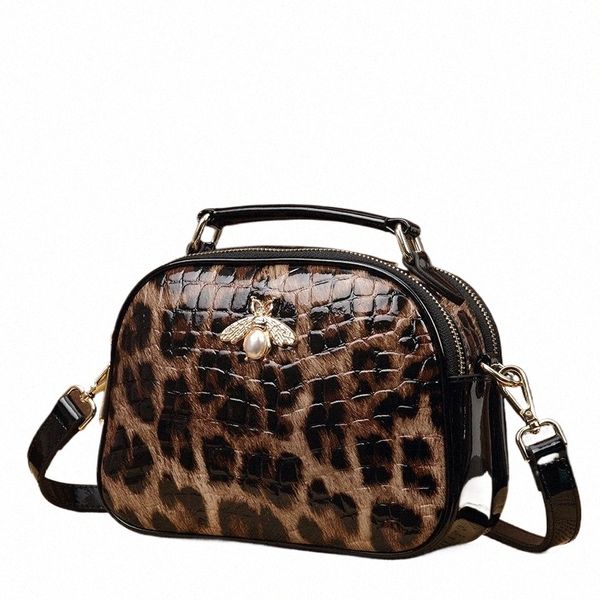 Nouveaux sacs à main en cuir véritable pour femmes Fi Sac à bandoulière en peau de vache portable épaule imprimé léopard sac à fermeture éclair tout assorti X4zI #