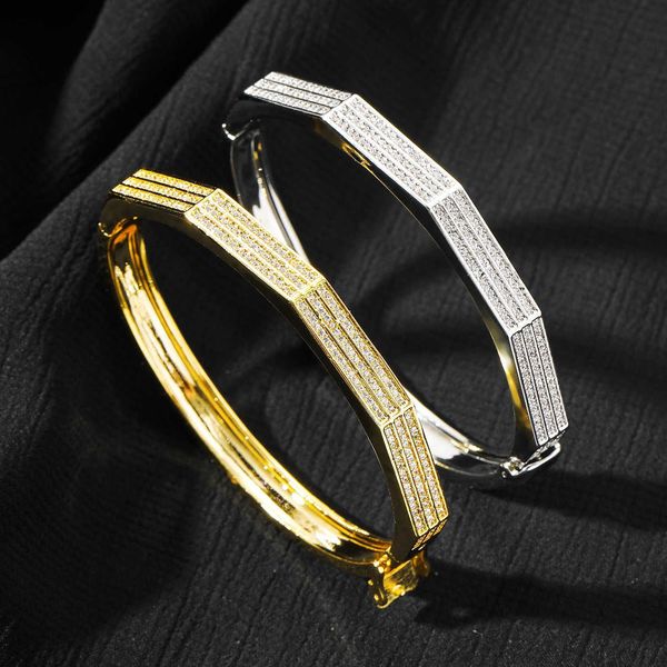 Nouvelle géométrie ouverte manchette bracelet jonc plaqué or véritable simple trois rangées glacé zircon cubique bracelets personnalisés femmes hommes hip hop bijoux accessoires