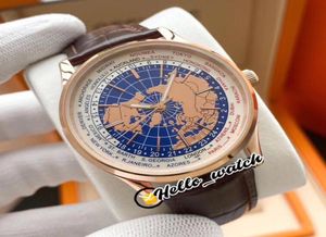 Nouveau temps géophysique Universal Time Automatic Q8102520 8102520 Blue Map Dial Mens Watch Rose Gold Case en cuir STRAP HWJL GENTES GRANDES H3383272