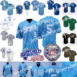 New George Brett Jersey 1985 WS Patch 1985 Cooperstown 1989 Blanc Bébé Bleu Vert Gris Blanc Fans Joueur Blanc Noir Doré Salut au service