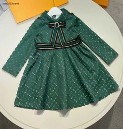Nova menina vestido logotipo impressão lapela criança vestidos tamanho 110-160 verde pedra preciosa gravata borboleta bebê designer saia criança vestido dec10