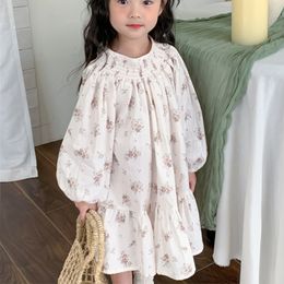 Robe en coton à manches bouffantes pour filles, motif floral, col en crêpe, longueur française, nouvelle collection