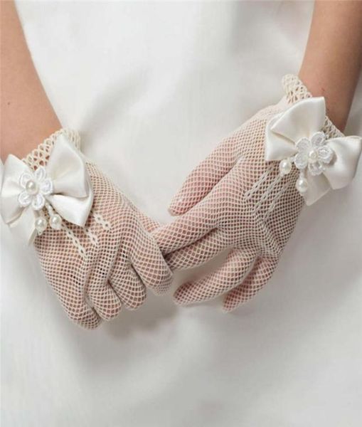 New Girls Gloves Cream y White Pearl Pearl Fishnet Communion Flower Girl Fiest and Wedding Guantes4524052