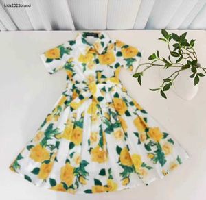 Nieuwe meisjes feestdress korte mouwen baby rok maat 90-150 cm kinderontwerper kleding gele bloemenprint prinsesjurk 24april