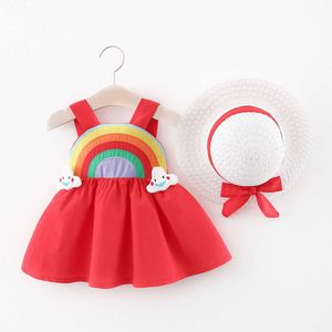 Nieuwe meisjesriem terug elastische taille kinderen Rainbow Cloud Solid Princess Dress Baby and Child Cute Summer Dr L2405