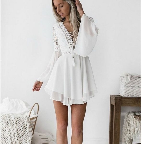 Nouvelles filles blanc été bohème Mini robe femmes mode printemps solide blanc Mini dentelle vêtements décontractés col en V à manches longues robes 210325