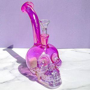 Purple Iridescent Skull Hookah Bubblers Oil Dab Rigs Heady Colorful Glass Recycler Bongs Pipas de tabaco Filtro Perc Fumar cera Accesorios para tuberías de agua Color aleatorio