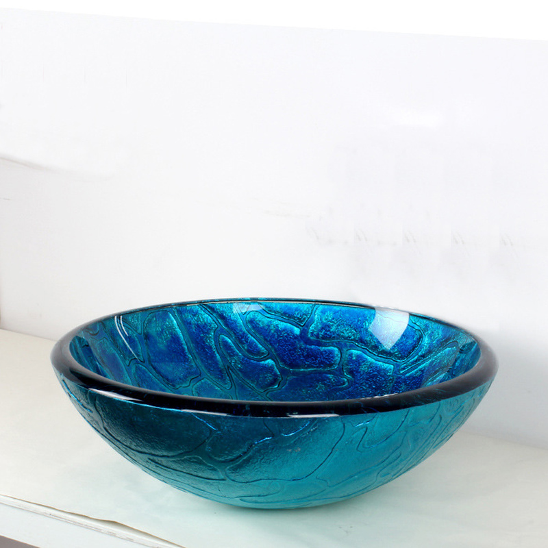 Nuevo lavabo de lavado de vidrio simple y de moda Varias cuencas de baño de vidrio templado color azul lo629333
