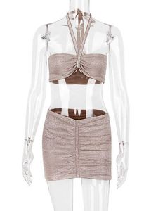 Nieuwe glitter matching 2 -delige jurk voor vrouwen verjaardag nachtclub feest rave outfits luxe kristallen rok tweedelige set