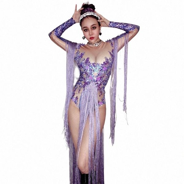Nouveau Costume Gogo Purple Rhinestes Combinaison Paillettes Lg Franges Body Femmes Pole Dance Outfit Discothèque Dj Ds Stage Wear 440U #