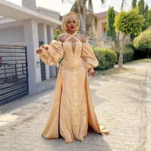 Nieuwe gouden Aso Ebi Avondjurk met bladermouwen Elegant Mermaid Overskirt Train Prom Jurken 2023 Lace Formele gelegenheidsfeestje Verjaardagsjurken Zwarte Girls Vestidos