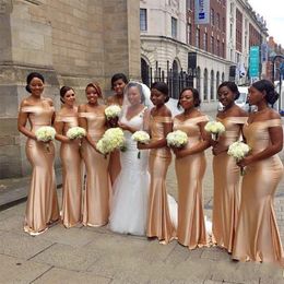 Nieuwe goud goedkope zeemeermin bruidsmeisjes jurken vloer lengte geplooid van schouder formele hof jurk bruiloft gasten jurk