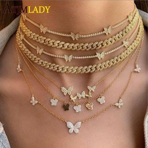 Nouveau or rempli d'or Iced Out Hiphop Bling Wide Miami Curb Cuban Link Chain Rock CZ Butterfly Choker Women Chain Ajustement Taille Collier T204E