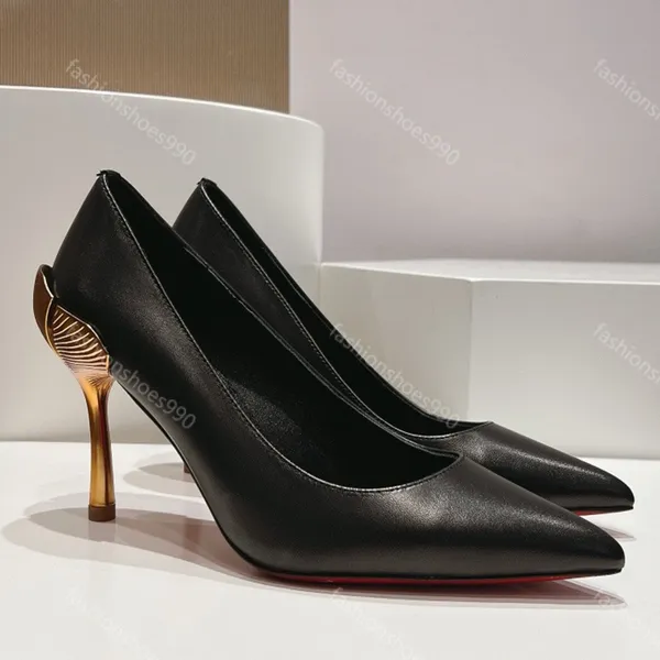 Nouveaux talons de gingko d'or chaussures habillées designer femmes carrière pompes 8,5 cm à talons hauts en cuir véritable sexy pointu chaussure de soirée de mariage noir 34-43 avec boîte 10A chaussures d'usine