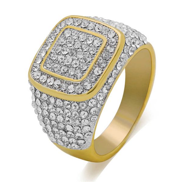 Nuevo Anillo de circón chapado en oro, moda Hip Hop, anillo completo de diamantes para hombre