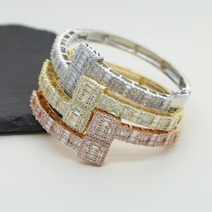 Nuevo oro plata Color abierto cuadrado Zircon Charm pulsera Iced Out Bling Baguette CZ brazalete para hombres mujeres joyería de lujo