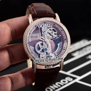 Nouveau Golden Bridge 42mm Or Rose Lunette En Diamant Cadran Squelette Intérieur Tourbillon Automatique Montre Pour Homme Montres De Sport En Cuir Marron C-246k