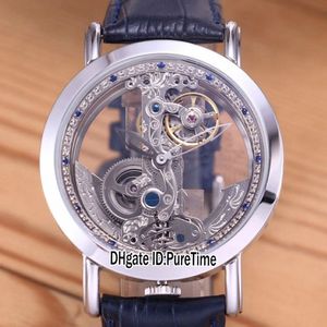 Nieuwe Golden Bridge 42mm stalen kast zilveren diamanten innerlijke skelet wijzerplaat automatische tourbillon herenhorloge sporthorloges blauw lederen c301r