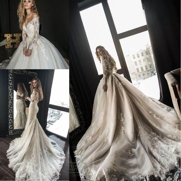 Nouveaux magnifiques robes de mariée sirène de créateur avec train détachable arabe Dubaï sur l'épaule manches longues robes de mariée en dentelle