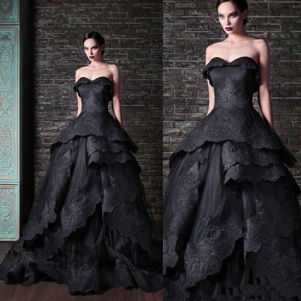Nuevos vestidos de novia negros góticos Vintage Sweetheart Ruffles Lace Tulle Ball Gown Sweep Train Tie up Back Vestidos de novia personalizados