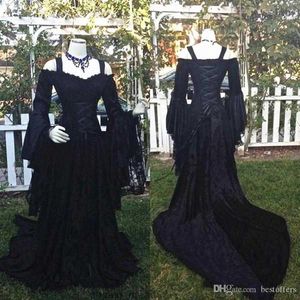 Nieuwe gotische stijl Sleeping Beauty Black trouwjurken Off Schouder Lange puffy mouwen Lace Corset Bodice Bruiloft Bridal Jurken Custom Plus Maat