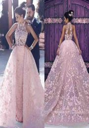 Nieuwe sierlijke roze kanten prom -jurken mouwloze afneembare appliques sexy rug speciale gelegenheid jurken zoete meiden charmant evenin2314339